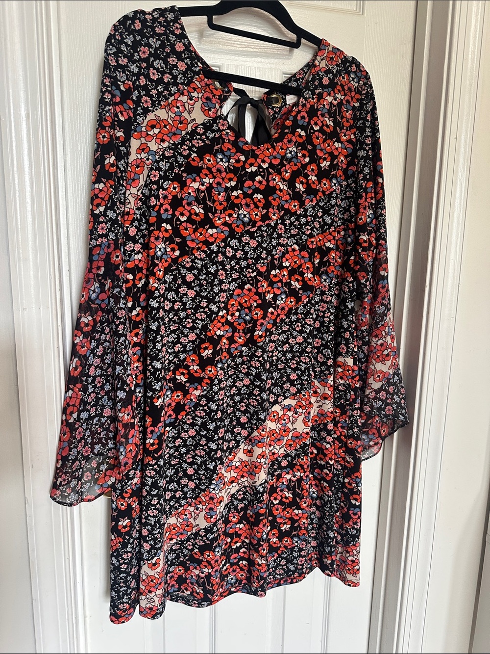 Westport Black Long-Sleeve Floral Tie-Back Dress with Red & Pink Accents